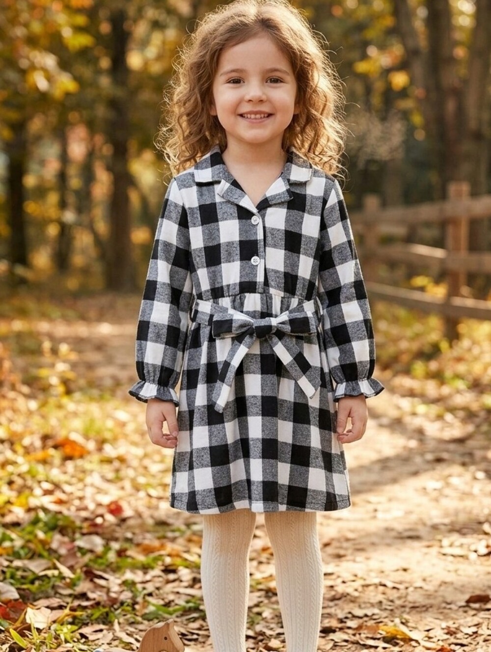 Boutique Buffalo Plaid Shirt Dress Black White Belted 100% Cotton Sz 110 (4T/5T)